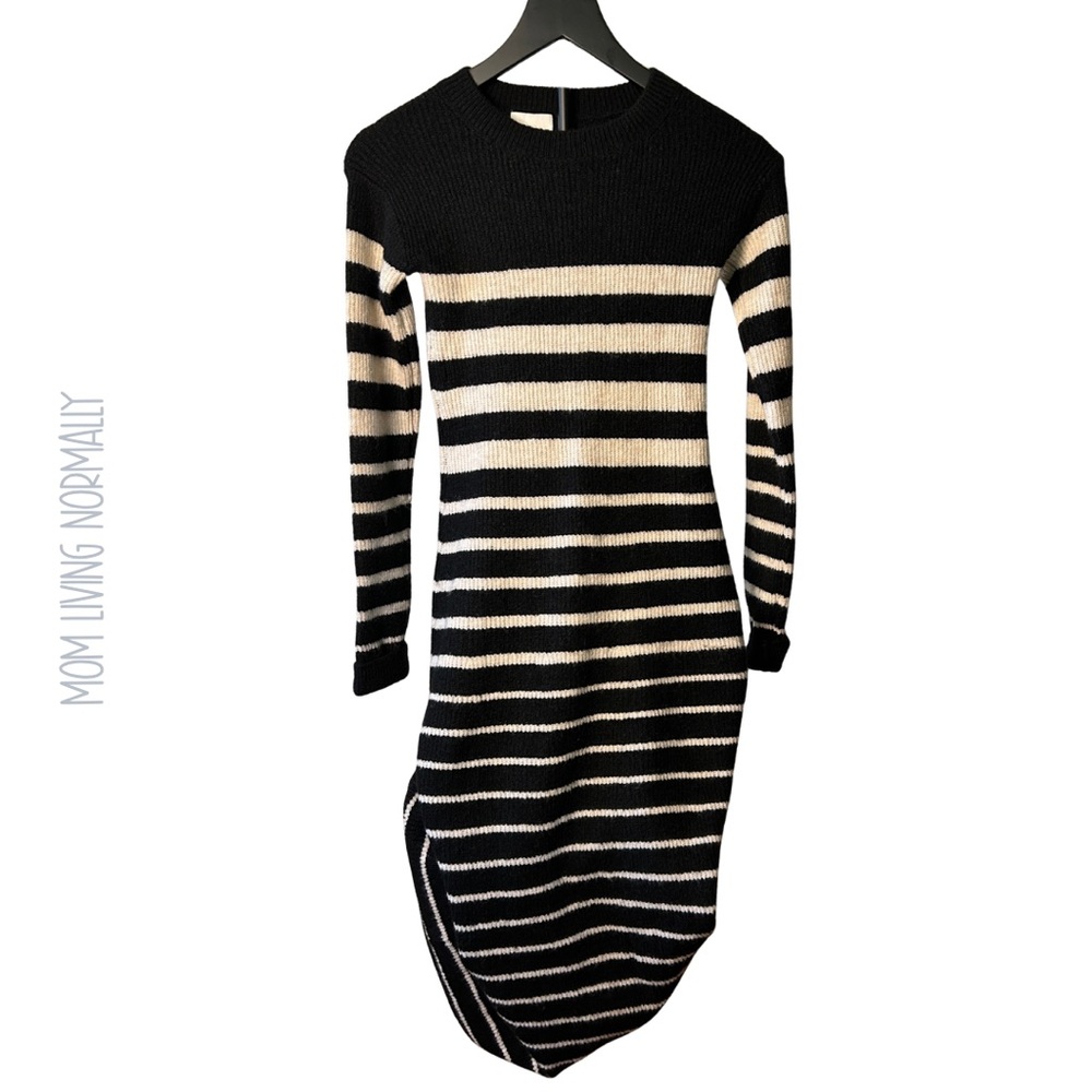 H&M Black and Cream Striped Long Sleeve Dress